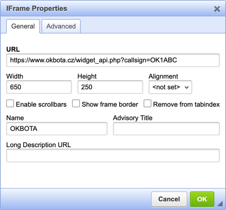 Konfigurace iframe na QRZ.com